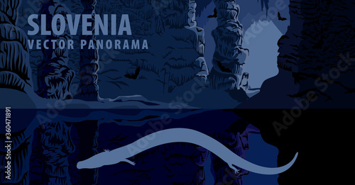 vector panorama of Slovenia with olm in cave