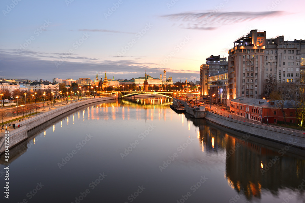 Moskva river in Moscow. Kremlevskaya embankment. Moscow Kremlin. Early morning. Sunrise.