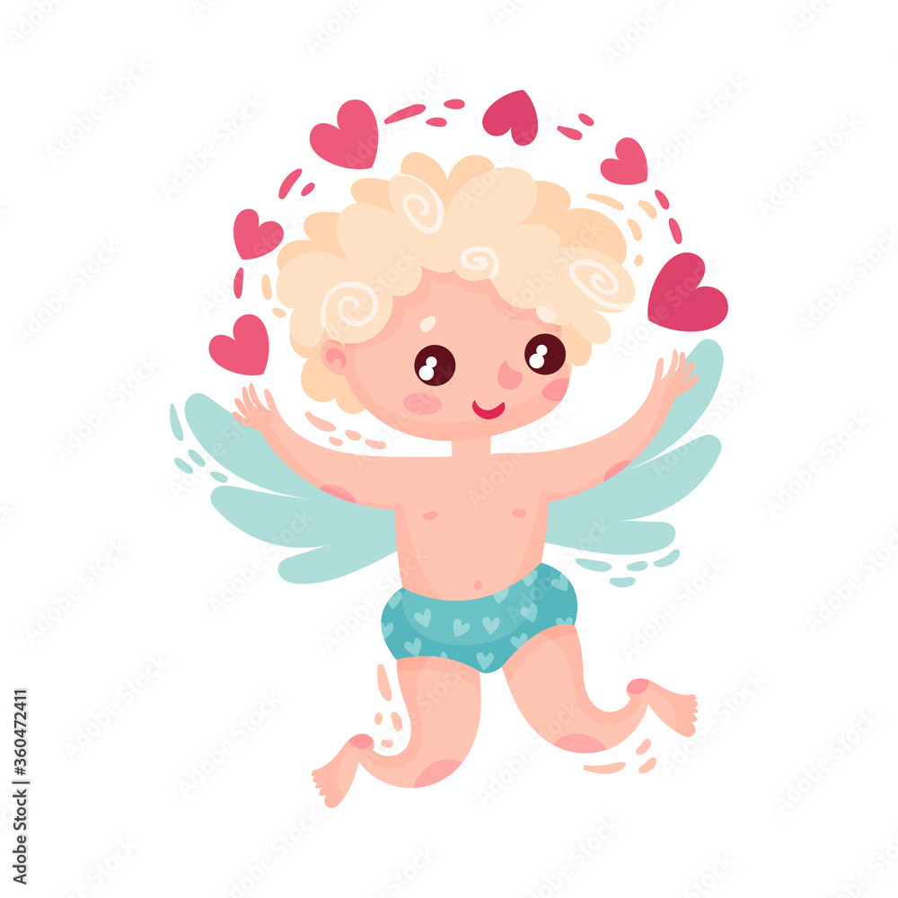 Curly-haired Cherub Character as Saint Valentine Day Symbol Vector Illustration