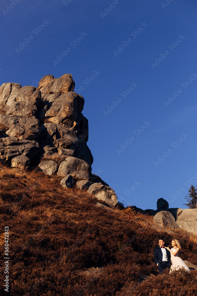 stone cliff on top of mountain. newlyweds embrace and admire the