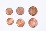 1, 2 and 5 cent copper coins face down. Euros wore out, and aged