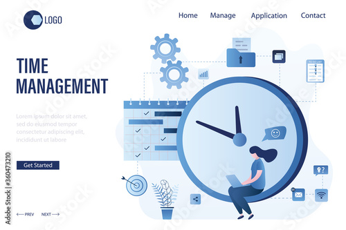 Time management landing page template, deadline concept. Man employee sitting on big watch. Workflow, multitasking and work planning.