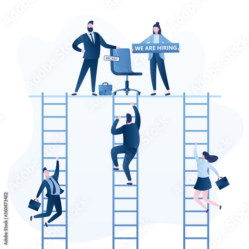 Business people hire. Career ladder concept. Businessman boss with chair and vacant sign. Female holding board- we are hiring.