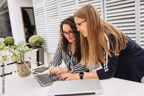 Corporate Communication.Two Businesswoman Working On Laptop In Modern Office. Free Space