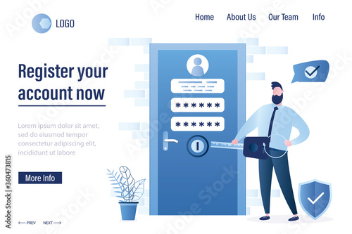 New account registration landing page template. Businessman or user hold big key, closed door with account information and password.