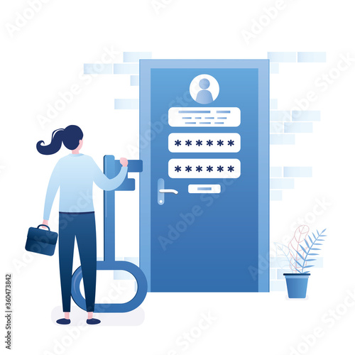 Businesswoman hold big key, closed door with account information and password. New account registration concept. Secure login.