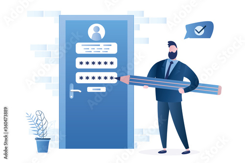 New account registration page template. Businessman or user hold big pencil. Closed door with account information and password.