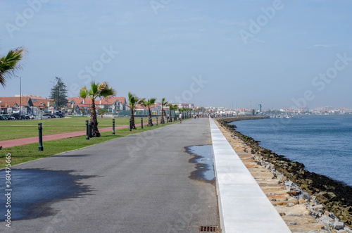 Promenade in Costa Nova with palm trees, green grass and little cute houses, Portugal
