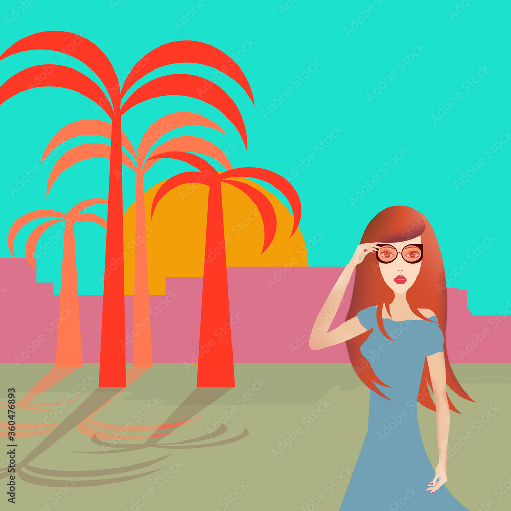 
holiday landscape, beach and palm tree, a woman walks, colorful