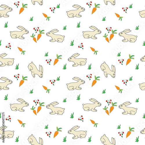 Fototapeta Naklejka Na Ścianę i Meble -  Rabbit, carrot and stroberry seamless vector pattern