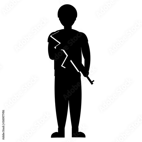 Flat vector character silhouette of a soldier with a machine gun. Military profession. Isolate on a white