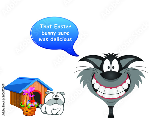 Comical cat announcing that he has devoured the Easter bunny with sad dog looking on isolated on white background