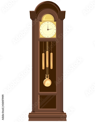 Grandfather clock in cartoon style. Vintage object isolated on white background.