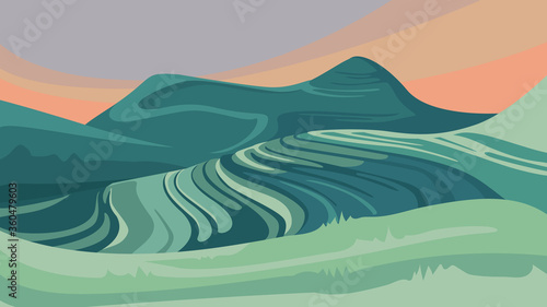 Landscape with paddy terraces. Beautiful agricultural scenery.