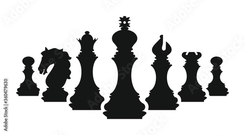 Silhouettes of chess pieces. Chessboard. Black and white. Chess icons. Vector chess isolated on white background. Playing chess on the Board. King, Queen, rook, knight, Bishop, pawn