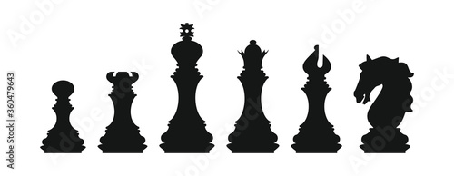Silhouettes of chess pieces. Chessboard. Black and white. Chess icons. Vector chess isolated on white background. Playing chess on the Board. King, Queen, rook, knight, Bishop, pawn
