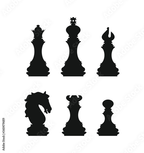 Silhouettes of chess pieces. Chessboard. Black and white. Chess icons. Vector chess isolated on white background. Playing chess on the Board. King, Queen, rook, knight, Bishop, pawn