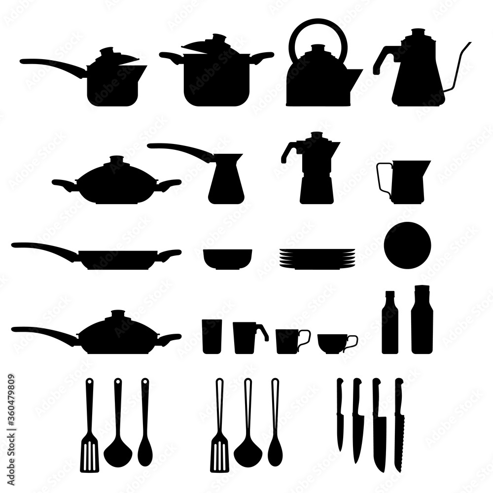 Icons set Kitchenware and utensils. Set of black silhouette vector ...
