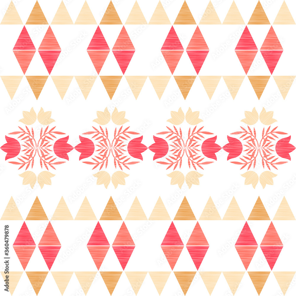 Seamless background with decorative flowers and triangles. Design with manual hatching. Ethnic boho ornament. Textile. Vector illustration for web design or print. Seamless background with decorative flowers and triangles. Design with manual hatching. Ethnic boho ornament. Textile. Vector illustration for web design or print.