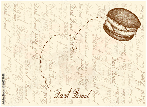 Obraz na plátně Illustration Hand Drawn Sketch of Delicious Charcoal Burger or Beef Burgery with Lettuce, Tomato, Onions and Cheese on Charcoal Wheat Buns on Brown Background