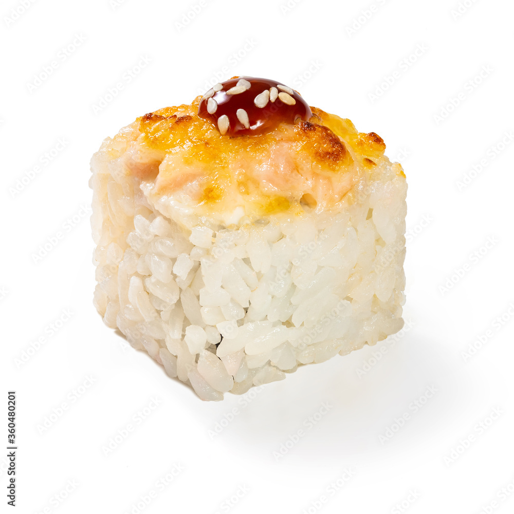 Japanese cuisine. Seafood, vegetables and meat. Sushi roll isolated on a white background. Ready for use. Taste of fresh food