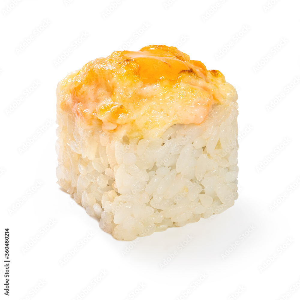 Japanese cuisine. Seafood, vegetables and meat. Sushi roll isolated on a white background. Ready for use. Taste of fresh food