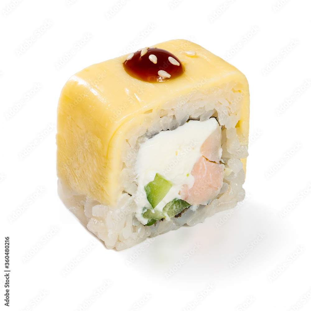Japanese cuisine. Seafood, vegetables and meat. Sushi roll isolated on a white background. Ready for use. Taste of fresh food