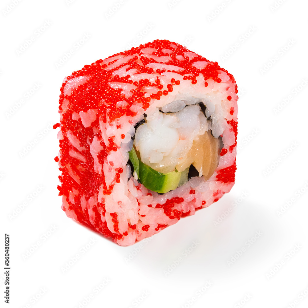 Japanese cuisine. Seafood, vegetables and meat. Sushi roll isolated on a white background. Ready for use. Taste of fresh food