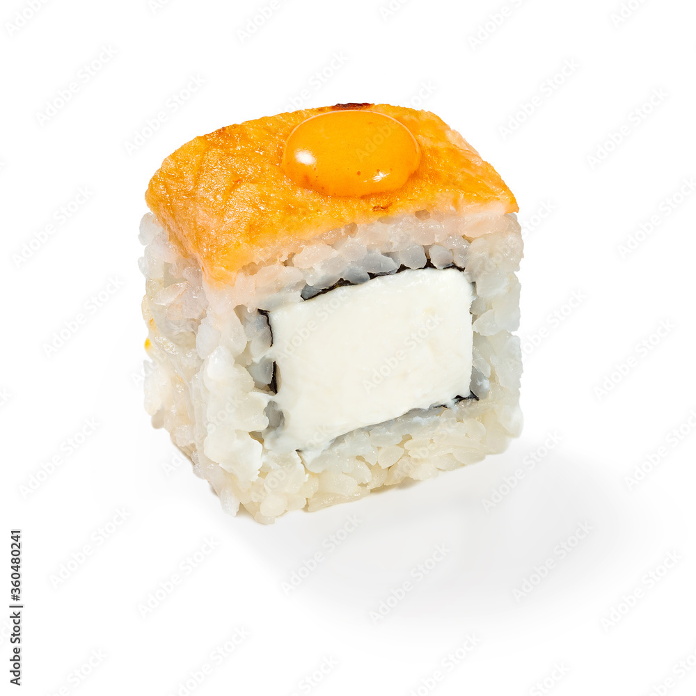 Japanese cuisine. Seafood, vegetables and meat. Sushi roll isolated on a white background. Ready for use. Taste of fresh food