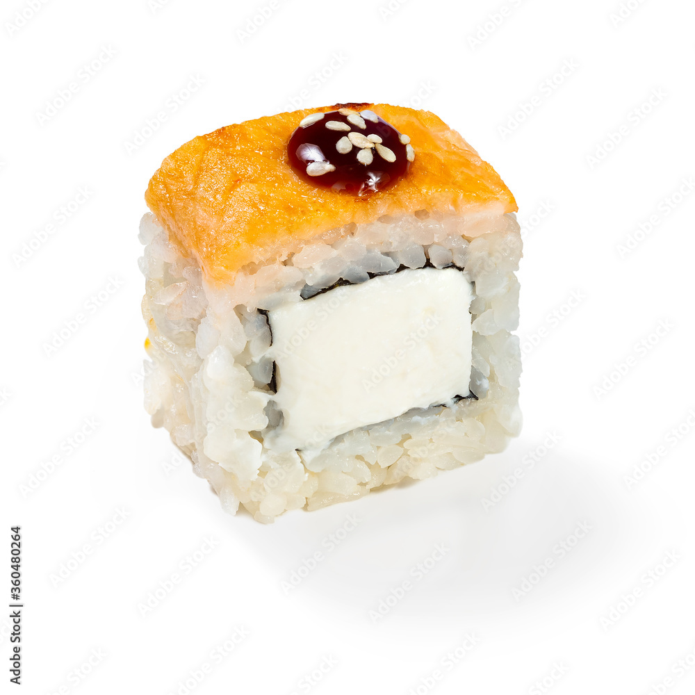 Japanese cuisine. Seafood, vegetables and meat. Sushi roll isolated on a white background. Ready for use. Taste of fresh food