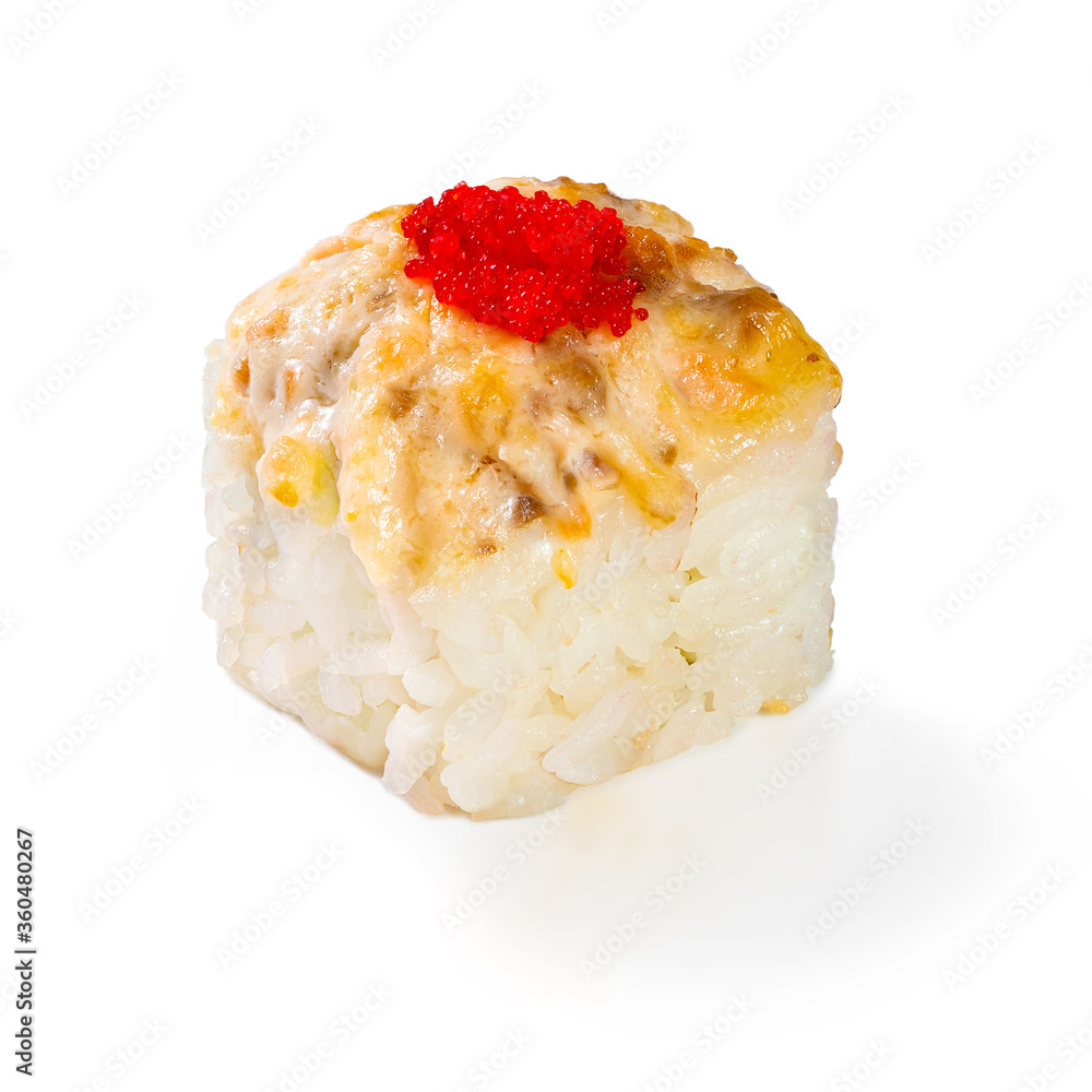 Japanese cuisine. Seafood, vegetables and meat. Sushi roll isolated on a white background. Ready for use. Taste of fresh food
