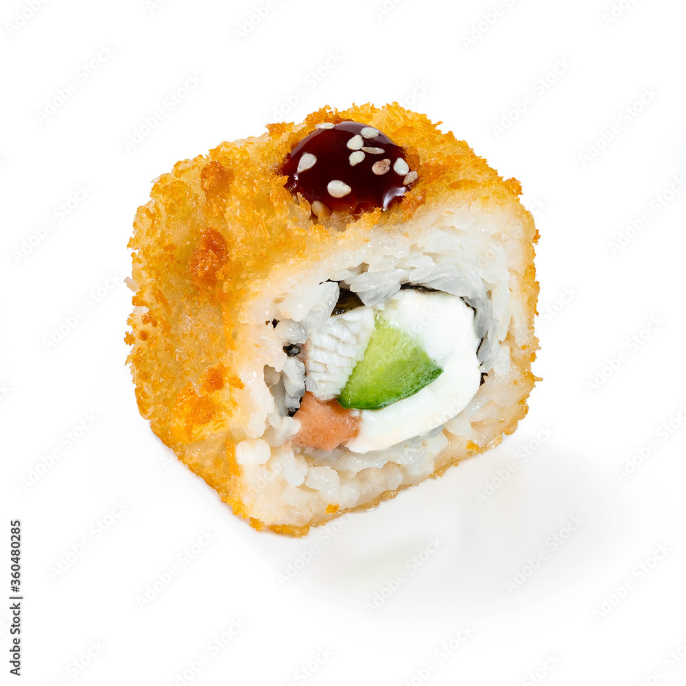 Japanese cuisine. Seafood, vegetables and meat. Sushi roll isolated on a white background. Ready for use. Taste of fresh food