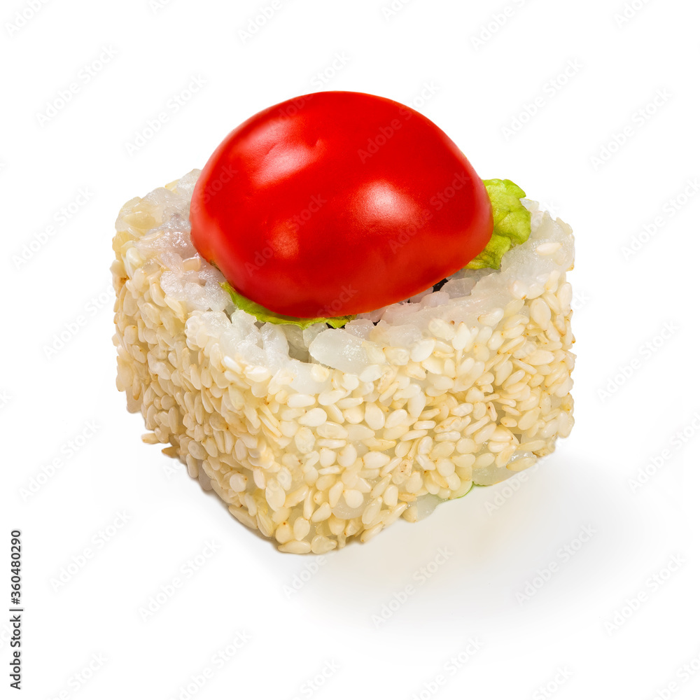 Japanese cuisine. Seafood, vegetables and meat. Sushi roll isolated on a white background. Ready for use. Taste of fresh food