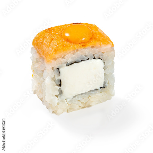 Obraz na płótnie Japanese cuisine. Seafood, vegetables and meat. Sushi roll isolated on a white background. Ready for use. Taste of fresh food w salonie