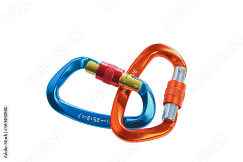 Close up Blue and orange carabiner selective focus isolated on white background