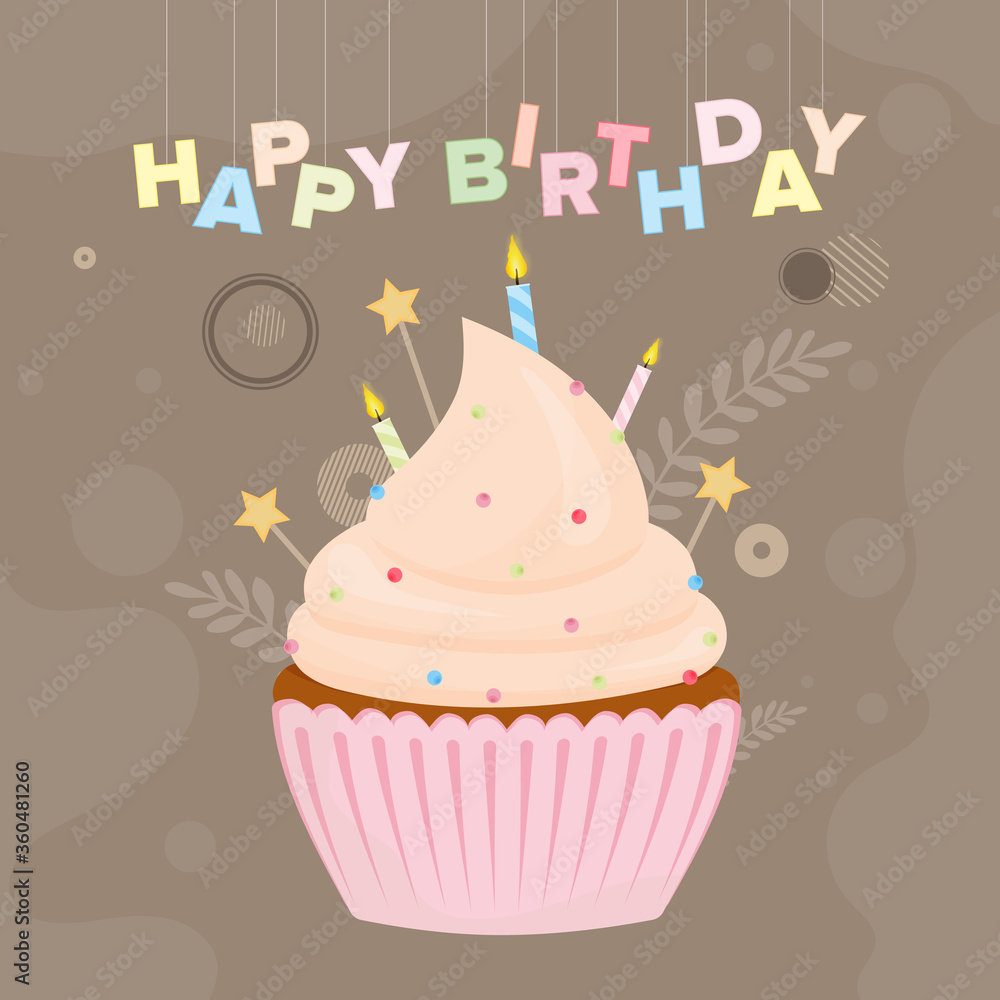 Happy Birthday. Festive cupcake. Sweets with cream, muffin, festive dessert, confectionery. Good for postcards. Vector flat style. Happy Birthday. Festive cupcake. Sweets with cream, muffin, festive dessert, confectionery. Good for postcards. Vector flat style.