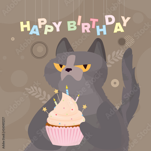 Funny cat holds a festive cupcake. Sweets with cream, muffin, festive dessert, confectionery. Good for happy birthday cards. Vector flat style.