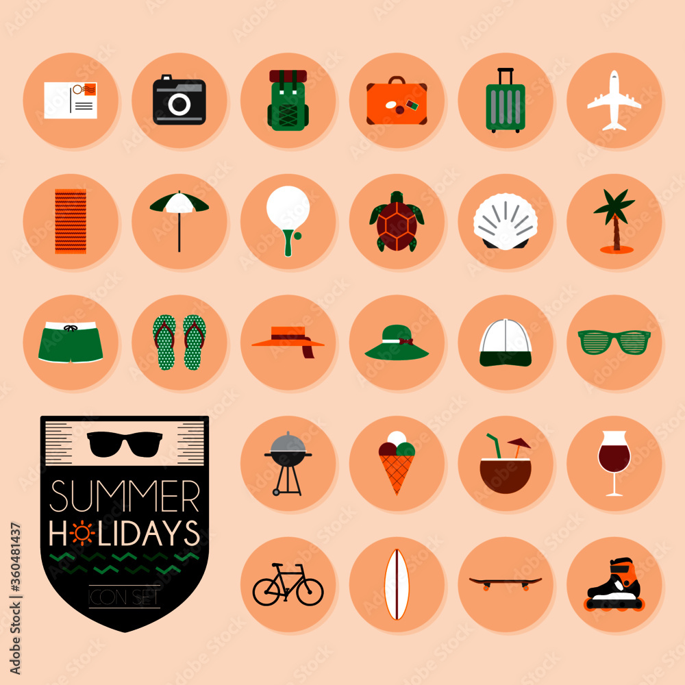 Summer holidays icons set with 26 modern illustrations in flat design