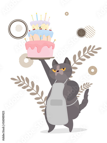 Funny cat holds a festive cupcake. Sweets with cream, muffin, festive dessert, confectionery. Good for cards, t-shirts and stickers. Flat style. Vector.