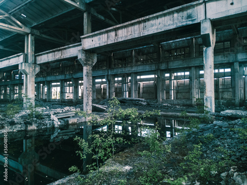 Soviet ruins of the plant. The abandoned building was overgrown with greenery and collapsed.