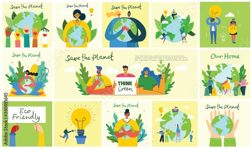Set of eco save environment pictures. People taking care of planet collage. Zero waste, think green, save the planet, our home hand written text in flat design
