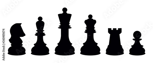 Silhouettes of chess pieces. Chessboard. Black and white. Chess icons. Vector chess isolated on white background. Playing chess on the Board. King, Queen, rook, knight, Bishop, pawn