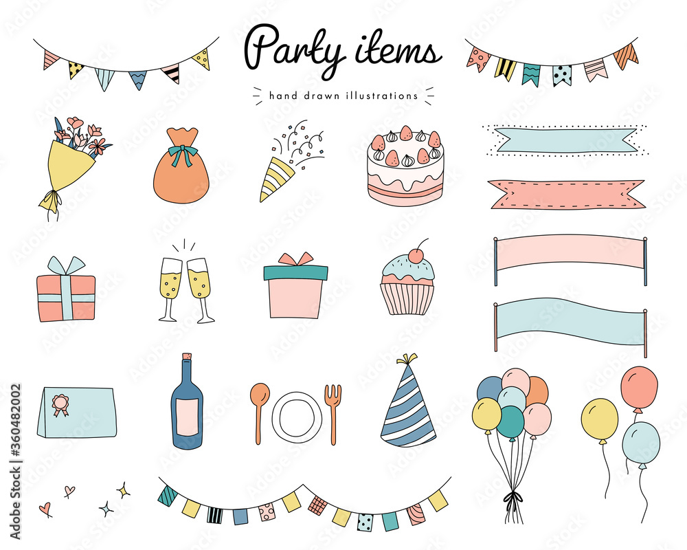パーティーグッズの手書きのイラストのセット 誕生日 記念日 イベント Ilustracion De Stock Adobe Stock パーティーグッズの手書きのイラストのセット 誕生日 記念日 イベント Ilustracion De Stock Adobe Stock