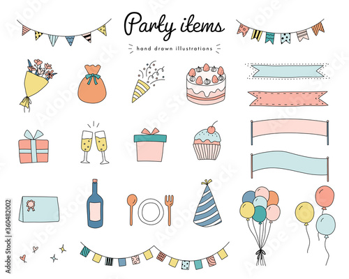 パーティーグッズの手書きのイラストのセット 誕生日 記念日 イベント Ilustracion De Stock Adobe Stock