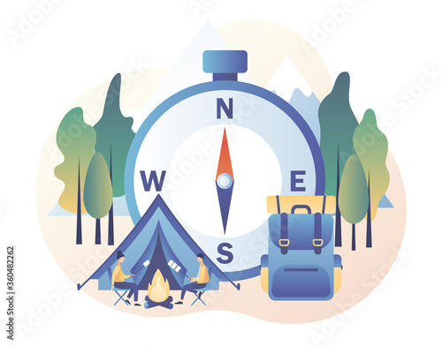 Camping concept. Tiny people in summer camp with big compass, travel backpack, tent, campfire, mountains and forest. Nature tourism. Modern flat cartoon style. Vector illustration on white background