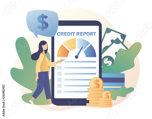 Credit report online. Credit rating in app. Tiny woman analysts credit risk control. Personal credit score information. Modern flat cartoon style. Vector illustration on white background