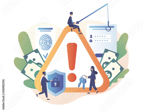 Big Attention sign. Internet hacker attack and personal data security concept. Tiny anonymous hackers people attacking. Computer security technology. Modern flat cartoon style. Vector illustration