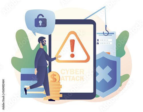 Attention sign on screen smartphone. Internet hacker attack and personal data security concept. Tiny anonymous hacker man attacking. Mobile security technology. Modern flat cartoon style. Vector