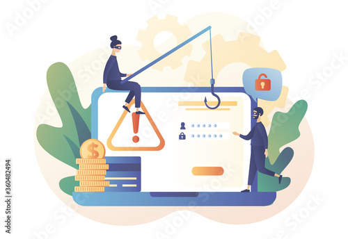 Tiny anonymous hacker people attacking laptop. Internet hacker attack and personal data security concept. Data protection. Computer security technology. Modern flat cartoon style. Vector illustration 