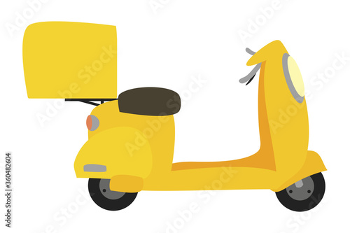 Flat vector illustration of a yellow electric delivery scooter with parcel box isolated on a white background. City transport.
